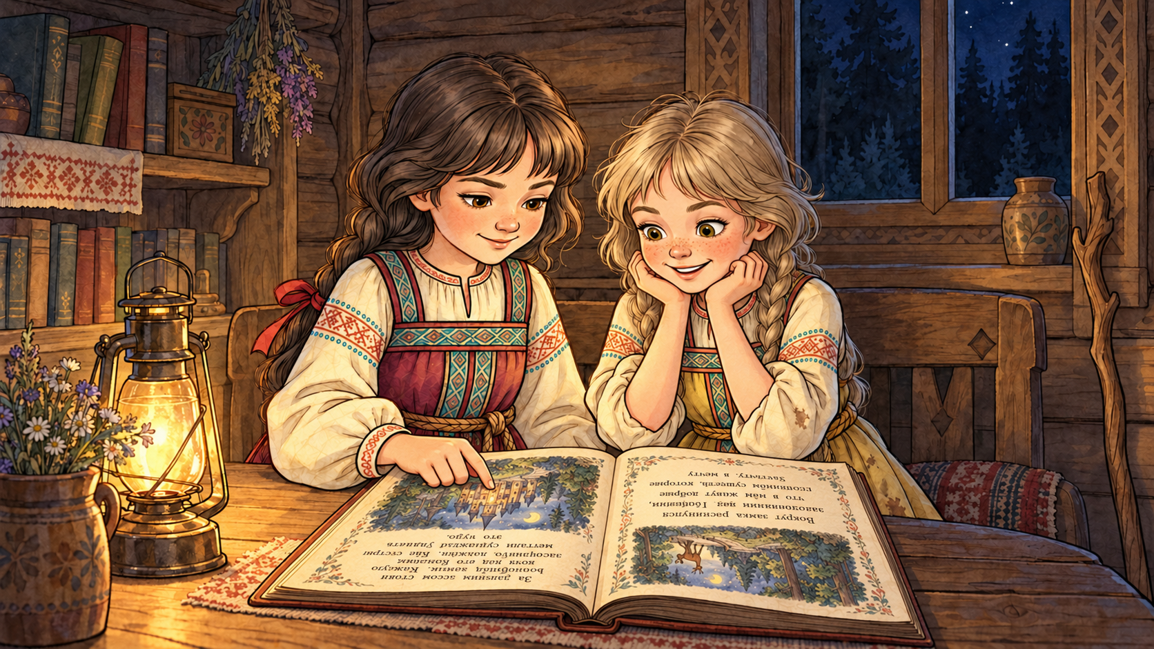 Две сестры читают книгу в уютной избе